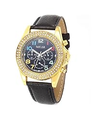 Colorful Number Marker Quartz Watch Wristwatch Timepiece w Rhinestones Decor f Lady Women Girls - Black SWWT1-290196