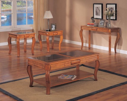 Kitchen: CARVED OAK 3 PIECE GLASS TOP COFFEE TABLE SET   Coffee Table and 2 End Tables