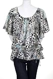 Care N Sport Animal Print Aqua Beige Black Print Satin Gently Pleated Scoop Neck Flutter Sleeve Elastic Cinched Low Waist Tie Detail Blouse White Plus Size