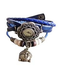 Crazycity 2013 New Girls Ladies Women Lord Buddha Wristband Watch Quartz Fashion Weave Wrap Around Leather Strap Bracelet Wrist Watch(Blue)