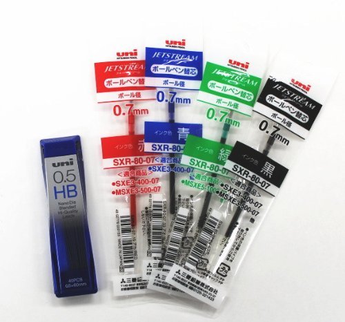 For Uni-ball Jetstream 4 & 1, Extra Fine Point Roller Ball Pens Refills -0.7mm Ball Point-black/blue/red/green Ink +Diamond Infused High Quality Leads [Nano Dia-40 Leads] 0.5mm Hb Value Set