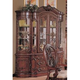 China Cabinet Buffet Hutch with Carved Detail Cherry Brown Finish