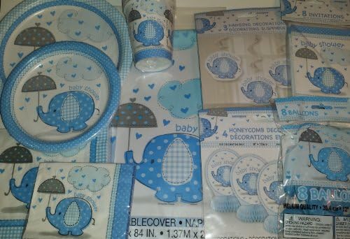 BLUE Umbrellaphant Elephant Baby Shower Party Supplies for 8; Invitations, Tableware and Decorations