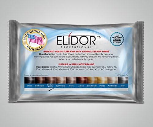 ELIDOR Keratin Hair Building Fibers - 25gr Refill Bag, Hair Thickening Fibers Hair Loss Concealer Hair Regrowth and Growth Hair Vitamins Hair Loss Hair Growth Thinning. Cover Your Bald Spot in 30 Seconds, Refill your Miracle Hair Toppik, Caboki, Bosley, Nanogen, Viviscal, Samson, Fully and other bottles for the fraction of the cost (MEDIUM BROWN)