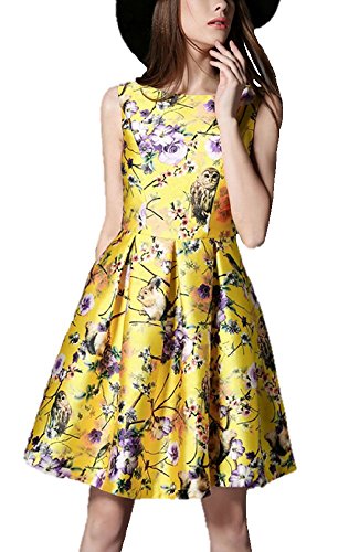 花柄 ノースリーブ フレア ワンピース ひざ丈 きれいめ エレガント レディース ファッション イエロー 黄色