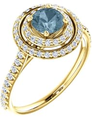 10K Yellow Gold Round Cut Blue and White Diamond Double-Halo Ring -- LIFETIME WARRANTY