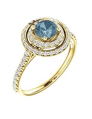 14K Yellow Gold Round Cut Blue and White Diamond Double-Halo Ring -- LIFETIME WARRANTY