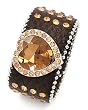 Silvertone Brown Leather Light Brown Rhinestone Heart Theme Snap Button Bracelet