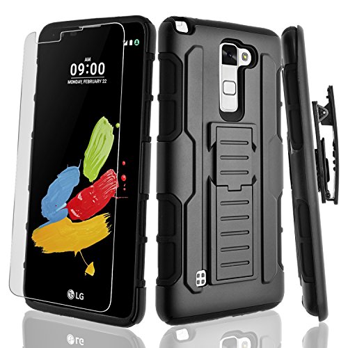 LG Stylo 2 Case, Starshop [Heavy Duty] Dual Layers Kickstand Case With [0.33m 9H Tempered Glass Screen Protector Included] and Locking Belt Clip (Black)