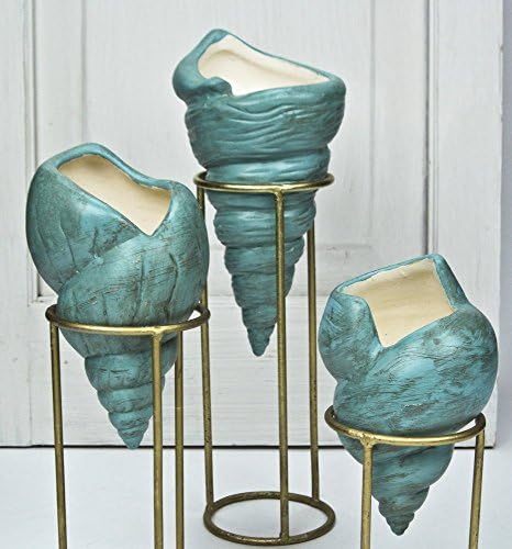 Shell Candleholders Set of Three Painted in Aged Aqua in Gold Wire Stands