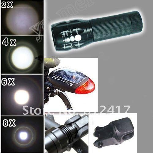 ChicSport Warning torchlight Adjustable Zoom CREE LED Flashlight bicycle light +360 degree rotation holder+Solar Rear Light 5sets/lot
