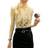 Allegra K Beige Self Tie Knot Stand Collar Sheer Lace Shirt for Women