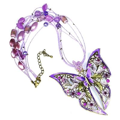 Purple Austrian Rhinestone Beads Butterfly Flower Brass ToneNecklace Purple Austrian Rhinestone Beads Butterfly Flower Brass ToneNecklace