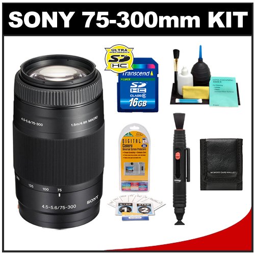 Sony Alpha 75-300mm f/4.5-5.6 Zoom Lens with 16GB SD Card + Accessory Kit for A33, A55, A560, A580, A230, A330, A380, A450, A500, A550, A850 & A900 Digital SLR Cameras