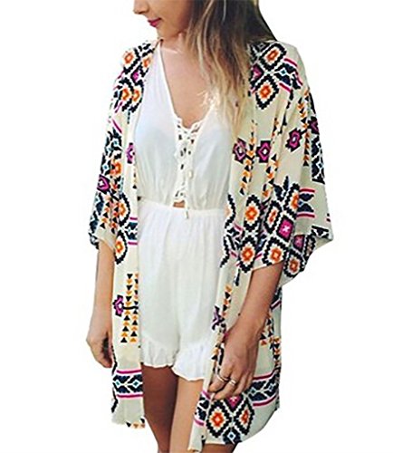 Akery Women's Beach Cover Up Chiffon Diamond Lattice Print Kimono Cardigan