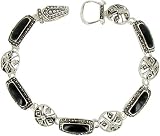 Silvertone and Jet Black Marcasite Rectangle and Circle Magnetic Link Bracelet Fashion Jewelry