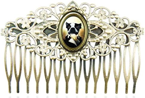 Filigree hair comb with with oval glass cabochons protecting a design with a dog dressed up an army general