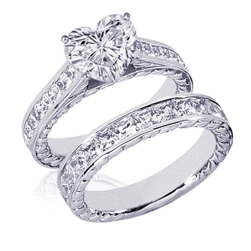 4 Ct Heart Shaped Diamond Wedding Rings Set 14K SI3