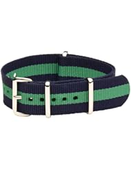 20mm Classic SS Nylon Striped Navy Blue / Green- Easily Interchangeable Replacement Military Watch Band / Strap - Fits All Watches!!!