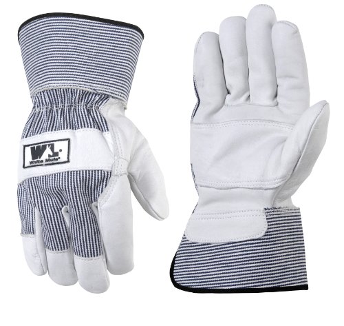 Wells Lamont 3301L White Mule Work Gloves, Pearl Gray With Railroad Strip, Large On Sale