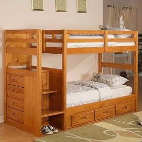 Honey Twin Twin Staircase Ranch Bunk w  3 Drawers: Desk Hutch and Chair, TV Stand, 5...