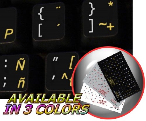 SPANISH (LATIN AMERICAN)-ENGLISH NON-TRANSPARENT KEYBOARD STICKER BLACK BACKGROUND FOR DESKTOP, LAPTOP AND NOTEBOOK
