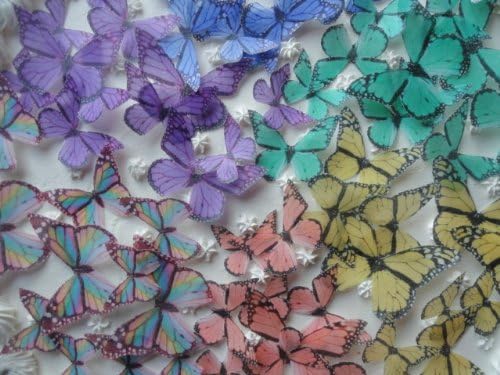 144 RAINBOW MULTICOLORED MONARCHS BLUE ORANGE YELLOW GREEN PURPLE MONARCH BUTTERFLY Small Medium & Large Edible Butterflies Assorted Set - Cake Decorations, Cupcake Topper for Weddings Birthdays Anniversaries Baby Showers