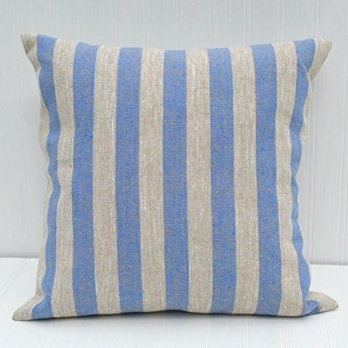 Pillow Cover 18x18 Farmhouse Linen Natural and Blue Medium Stripe