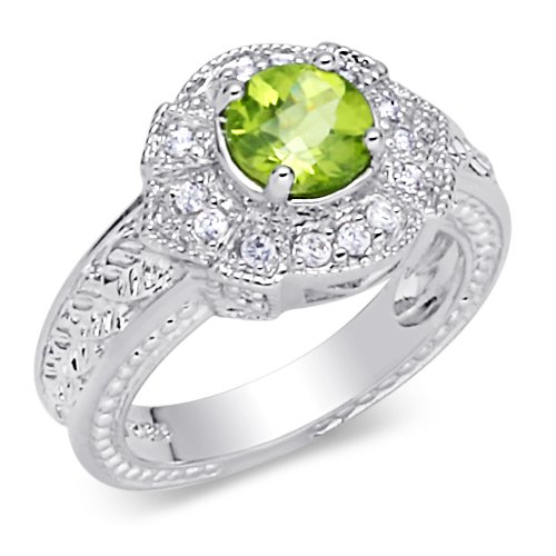 Glamorous 1.25 carats total weight Round Shape Checker Board Peridot & White CZ Size 7 Gemstone Ring in Sterling Silver