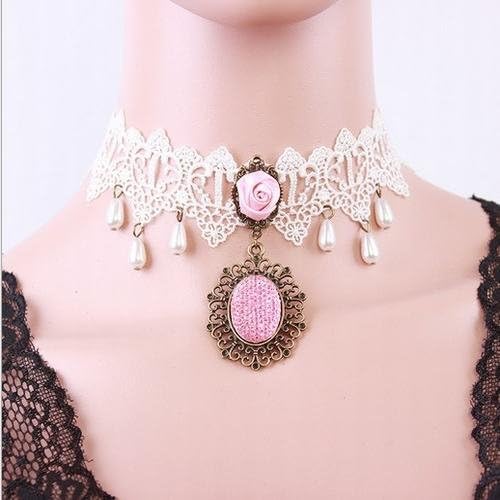 MgMi® White Flower Lace Lolita Sexy Beads Pendant White Chian Choker Necklace12.9in