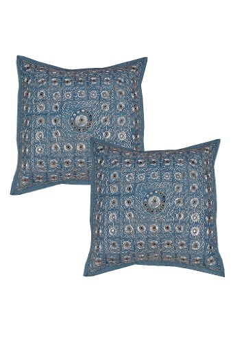 Imagen principal de Cushion cover set con plata Zari & Size Mirror Work 16 x 16 pulgadas Juego de 2 piezas