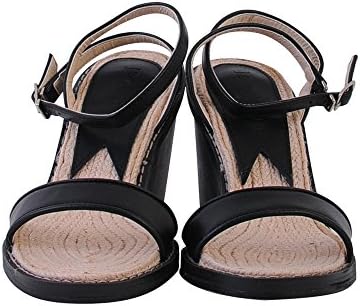 Women's Black Espadrille Raffia Insole Wedge Sandals Korean Kpop Fashion Shoes (235mm [US 6.5])