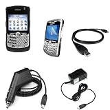 Solid Black Rubberized Snap on Case + Rapid Car Charger + Home Travel Charger + Clear Reusable LCD Screen Protector + USB Data Cable for RIM Blackberry 8300 8310 8320 8330 Curve Smartphone