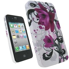 igadgitz Hartschalentasche Hardcase Etui Tasche Case H�lle Schutzh�lle in Wei� und mit Motif Blumen in Pink Rosa f�r Apple iPhone 4 HD 16gb & 32gb + Selbstklebende Display Schutzfolie