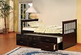 Espresso Finish Wood Twin Size Captains Day Bed With Trundle & Drawers
