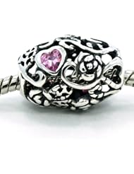 .925 Sterling Silver " Large Ivy Roses W/2 Heart Shaped Pink Cubic Zirconia " Bead Compatible with Pandora Chamilia Kay Troll Bracelet