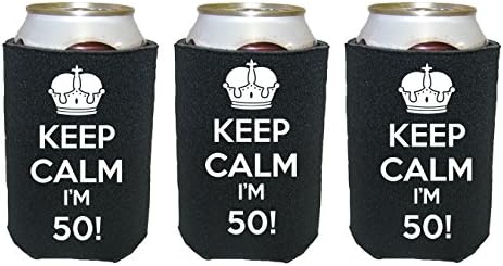 Keep Calm I'm 50! - 3-Pack Scuba Foam Can Coolers/Coolies (Black With White Print,)