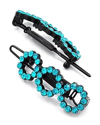 2 Black and Blue Open Round Rhinestone Circle Snap Hair Barette Clips
