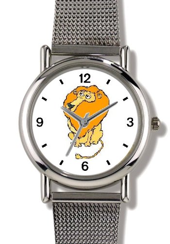 Lion Cartoon Cat - WATCHBUDDY® ELITE Chrome-Plated Metal Alloy Watch with Metal Mesh Strap-Size-Large ( Men's Size or Jumbo Women's Size )
