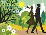 Couple Walking in Park Near City Skyline Photographic Poster Print, 12x9
