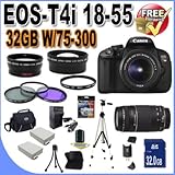 Canon EOS Rebel T4i 18.0 MP CMOS Digital SLR with 18-55mm EF-S IS II Lens & Canon 75-300 Lens + 58mm 2x Telephoto lens + 58mm Wide Angle Lens (4 Lens Kit!!!!!!) W/32GB SDHC Memory+ 2 Extra Batteries + Charger + 3 Piece Filter Kit + UV Filter + Full Size Tripod + Case +Accessory Kit