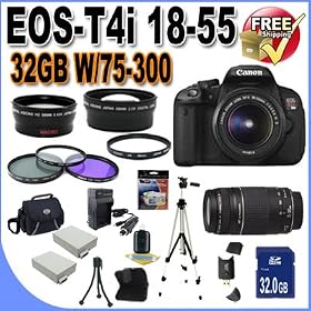 Canon EOS Rebel T4i 18.0 MP CMOS Digital SLR with 18-55mm EF-S IS II Lens & Canon 75-300 Lens + 58mm 2x Telephoto lens + 58mm Wide Angle Lens (4 Lens Kit!!!!!!) W/32GB SDHC Memory+ 2 Extra Batteries + Charger + 3 Piece Filter Kit + UV Filter + Full Size Tripod + Case +Accessory Kit