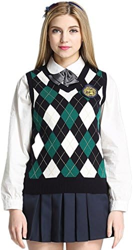 Etongenius green cotton v neck argyle knit sweater vest for women and girls