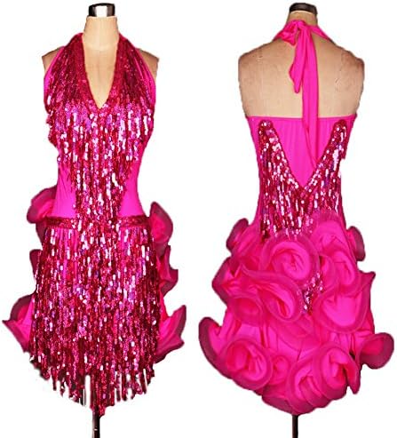FERE8890 Women's Dancewear Competition Jumpsuits Dancing Latin Aerobics Fringed Backless Flower Sequin Dress Rose Red-x M