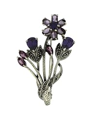 Sterling Silver Marcasite Flower Cluster Brooch Pin w/ Round, Pear, Oval & Marquise Cut Amethyst Stones, 2 1/4 in. (57mm) tall