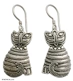 Sterling Silver Dangle Earrings, 'Balinese Cat' 0.6 W 1.6 L