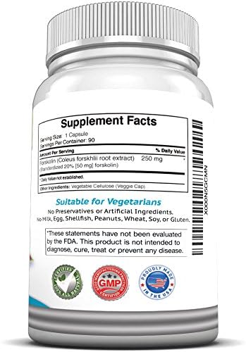100% Pure Forskolin Extract Premium Weight Loss Supplement • 250mg Standardized to 20% • with 50mg Active Coleus Forskohlii Root Extract Per Serving • Totaling 500mg Daily Recommended by Doctors for Best Results • Maximum Strength Natural Thermogenic Fat Burner Formula Boosts Metabolism and Breaks Down Stored Fat in the Body and Belly Naturally Helping You Lose Weight Faster • Powerful Appetite Suppressant and Carb Blocker is Safe and Stimulant Free with No Caffeine or Side Effects. ♥ Best Quality All Natural and Vegan Friendly Diet Pills That Work for Women and Men • 90 Vegetarian Capsules • Manufactured in the USA in Our GMP Certified Facility • 100% Quality and Money Back Guarantee by Natures Ultimate