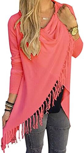 Oulifa Women's Long Sleeve Wrapped Cardigan Tops Tassle Poncho Coat