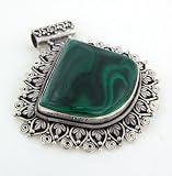 Huge and HEAVY 3.5 Sterling Silver Malachite Swirl and Leaf Design Pendant