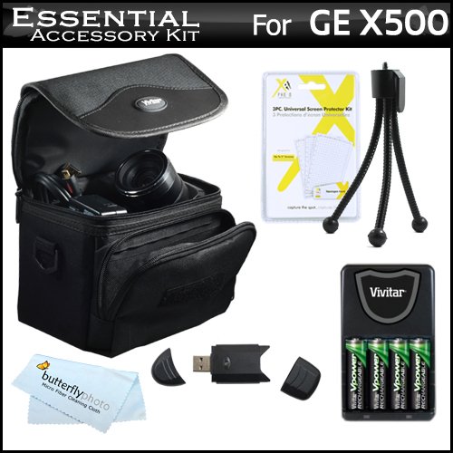 Essential Accessories Kit For GE POWER Pro series X500, X5, Power Pro X550 Digital Camera Includes USB 2.0 High Speed Card Reader + 4AA High Capacity Rechargeable NIMH Batteries And AC/DC Rapid Charger + Deluxe Carrying Case + LCD Screen Protectors + More